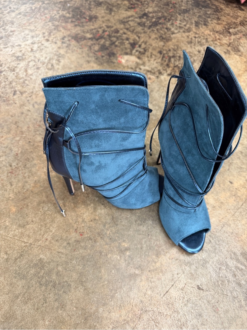YDN Teal Suede Peep-Toe Lace-Up Ankle Booties
